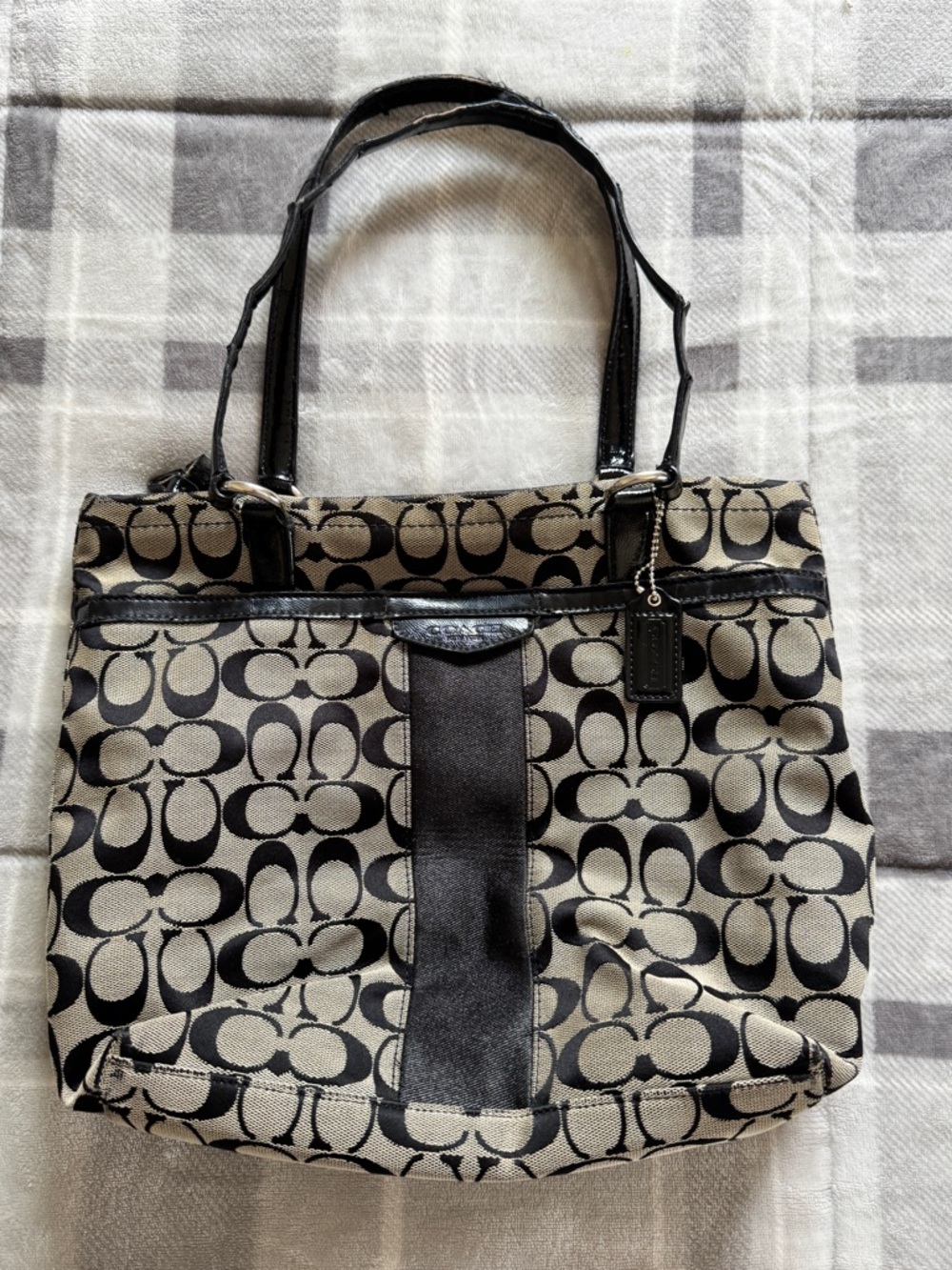 Coach Khaki and Black Signature Canvas Tote